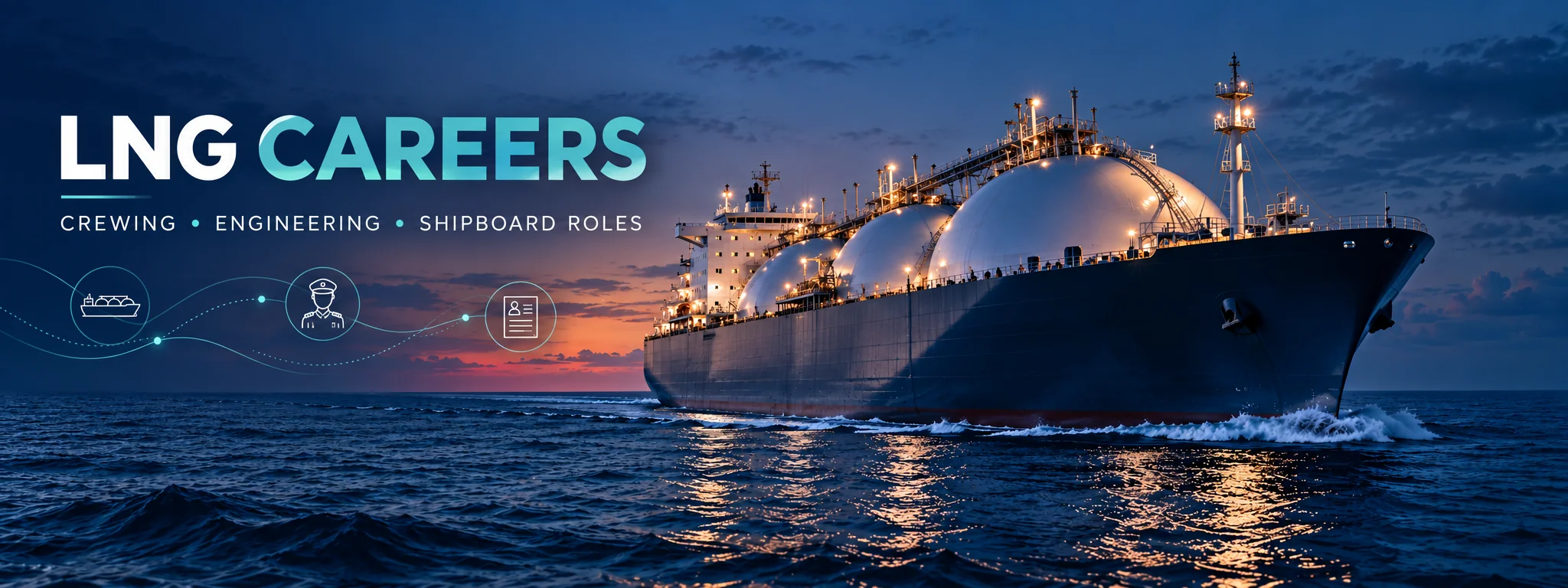 Illustrated banner: an illuminated LNG carrier sailing at dusk beside the title “LNG Careers” and the words “Crewing · Engineering · Shipboard Roles”.